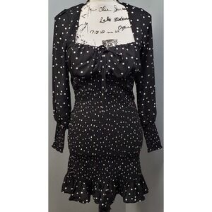 Row A Mini Dress Women Small Black White Polka Dot Smocked Square Neck Tie Front